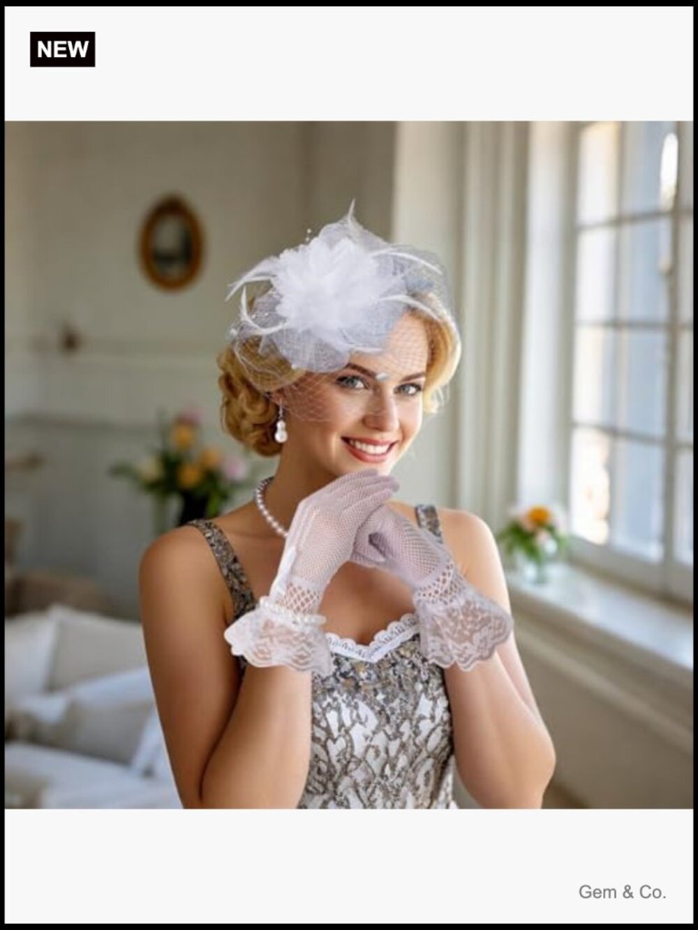 Tea Party Hat and Gloves Set - Fascinator with Pearl Jewelry - Picture 5 of 6